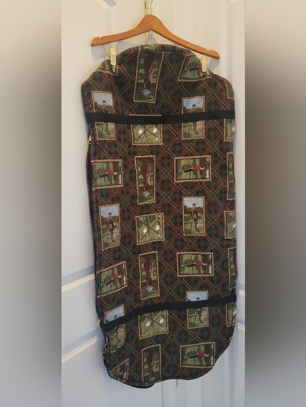 GARMENT BAG TRAVEL YKK ZIP w LOCKS 48" DOUBLE SIDED GOLF THEME POLY-WEAVE FOLDS